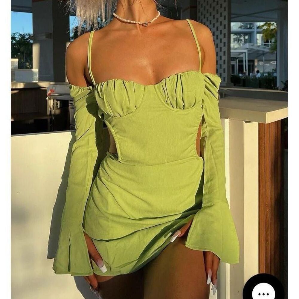 White Fox Boutique Lime Green Off-Shoulder Midi Dress